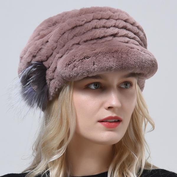 Women Winter Warm Cap Natural Rex Rabbit Fur Thick Knitted Headwear Classic Popular Female Stylish Hat