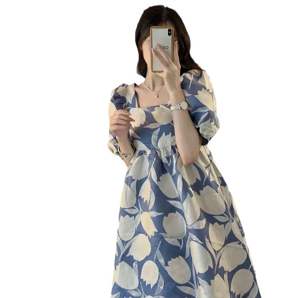 Women's 2023 Mid-Length French Fashion Puff Sleeve Print Dress