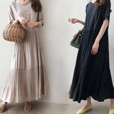 Summer Solid-color Round Neck Pleated Short Sleeved Dress