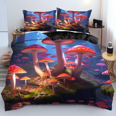 Bunte Pilzmuster Druck Bettbezug Fantasy Pilzwald Thema Bettwäscheset Heimtextilien Weicher Bettdeckenbezug Kissenbezüge