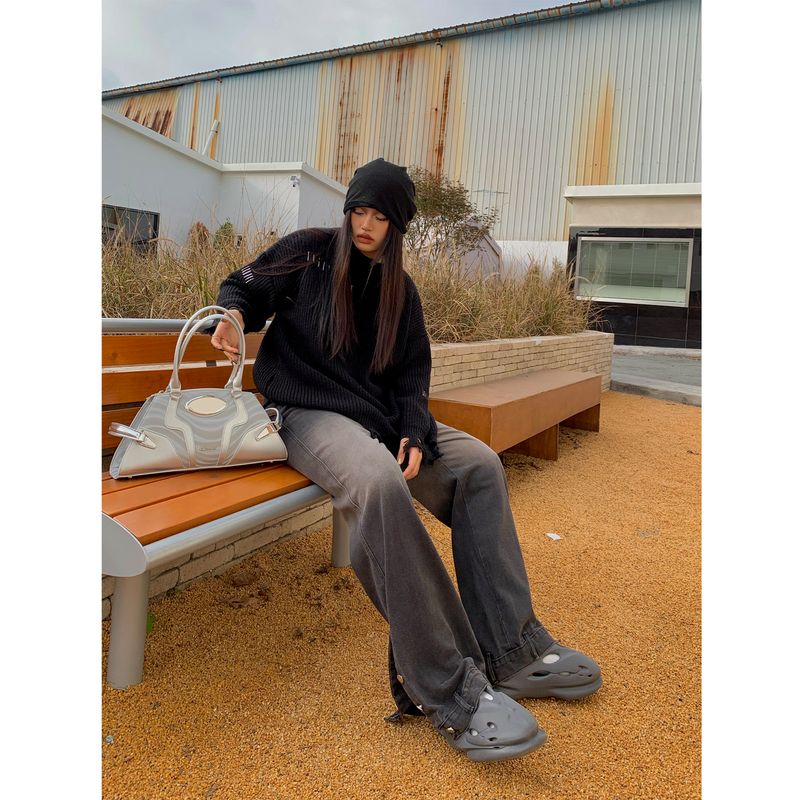 

Brother Nan Loose-Fit Gradient High Waist Denim Female Autumn and Winter Plus Size Plus Size Ladies Loose Slim Looking Split Straight Loose Pants As Shown in Pictures 2XL