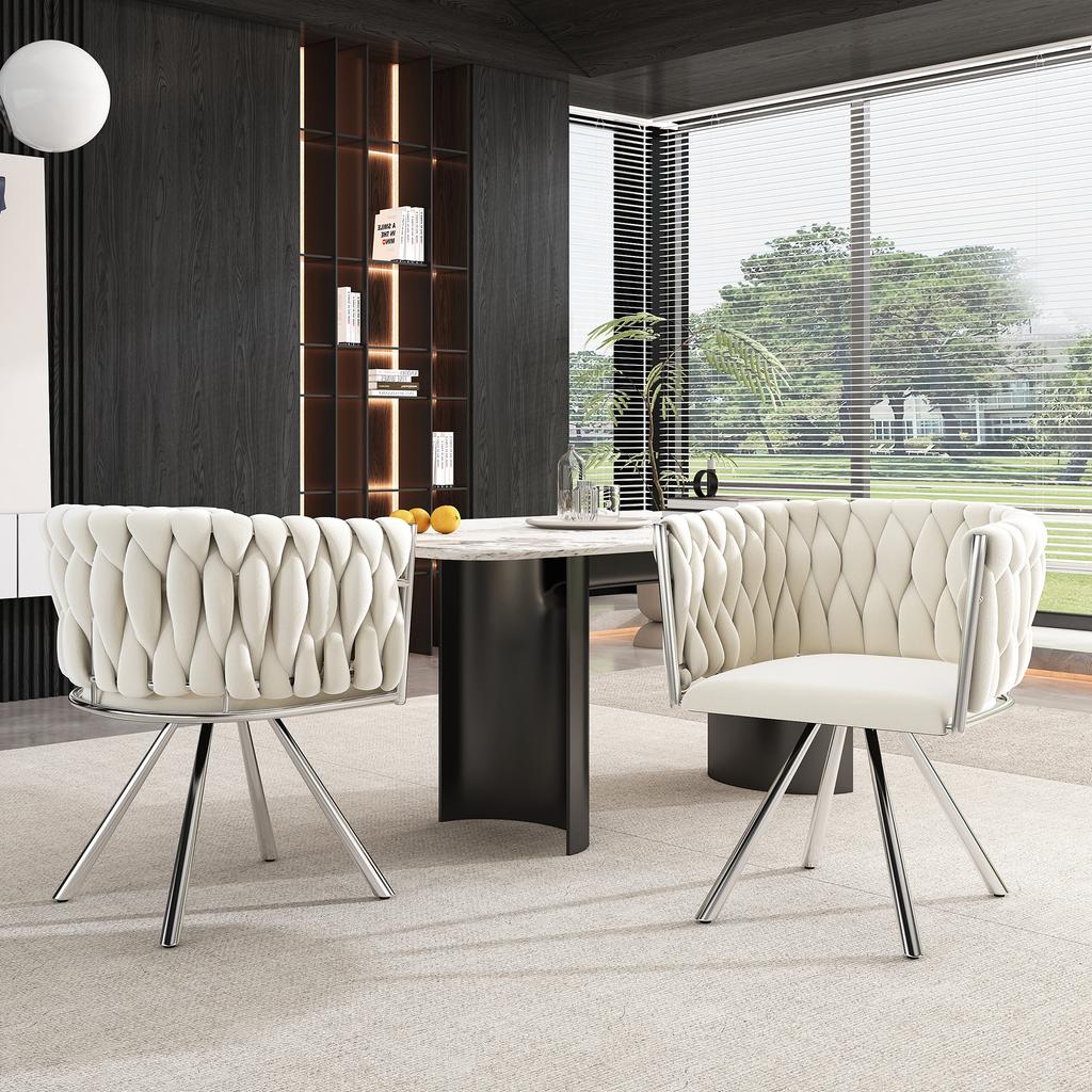 Samt Esszimmerstuhl, 2er-Set, Einzelner leichter Luxus Wohnzimmer Schlafzimmer Drehstuhl, Freizeit-Drehstuhl mit vier Metall-Stützbeinen, Beige+Silber