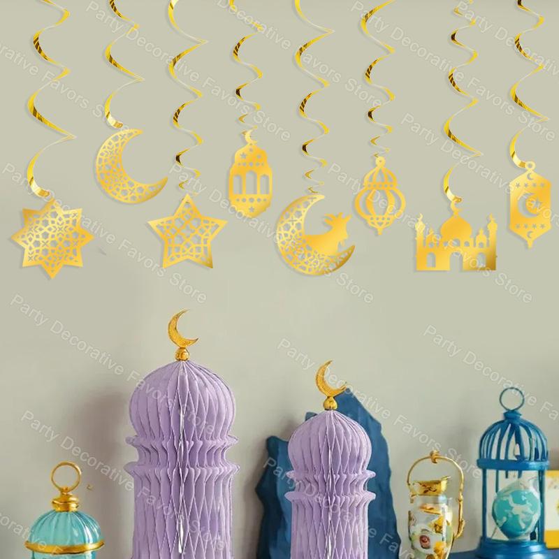 8pcs Ramadan Hanging Swirl Ornaments Eid Mubarak Moon Star Mosque Streamer Garland 2025 Islamic Muslim Party Home Decoration