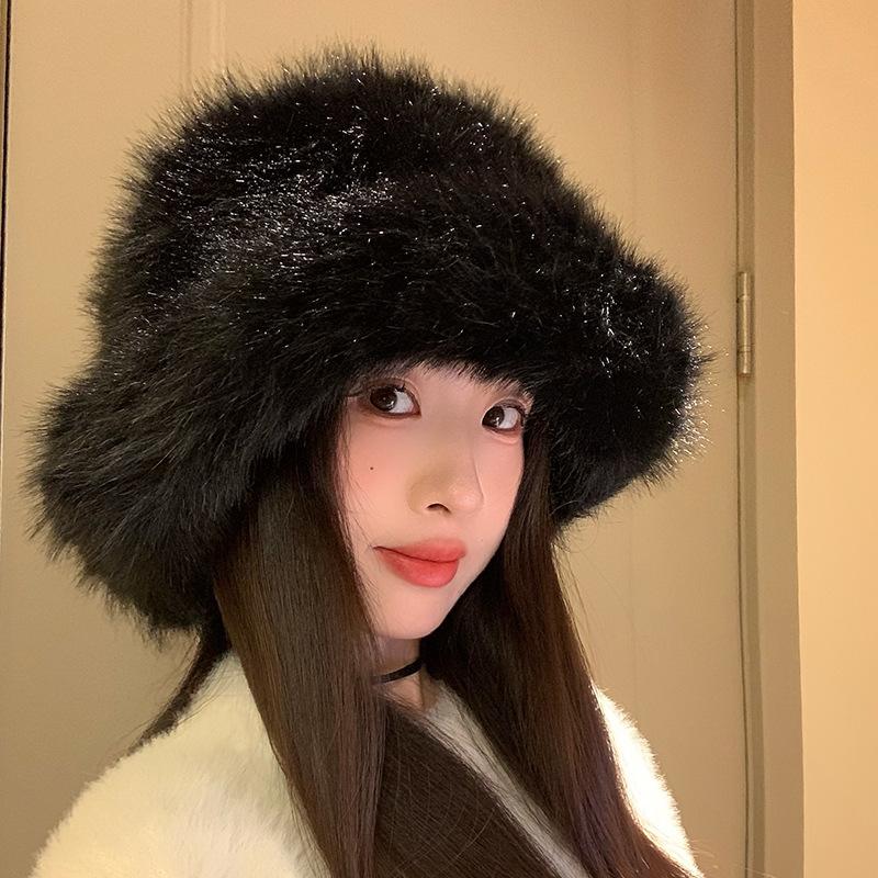 Plush hat female autumn and winter show small face warm ear protection plain face fluffy thickened versatile bucket hat