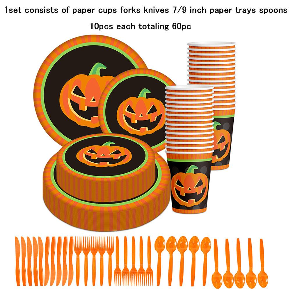 

1/2 комплект Одноразовая посуда Тема Хэллоуина Вечеринка Украшения на день рождения Бумажный стакан Вилка Нож 7/9 дюймовая Бумажная тарелка Ложка Каждый по 10 шт. 1set