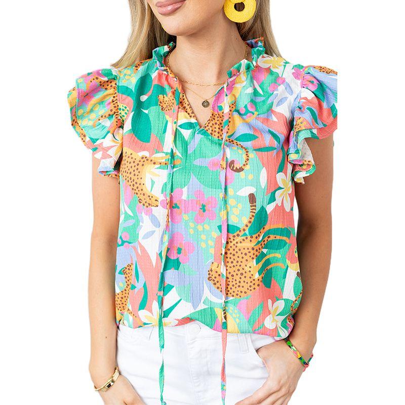 

Летняя тонкая свободная приталенная футболка с коротким рукавом, женская мода 2024, с принтом растений и цветов, повседневные топы для женщин Green P922 Size S fit (45.00 kg-55.00 kg