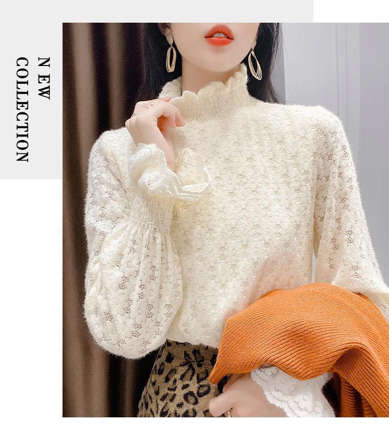 Women's Autumn/Winter 2120 Lace Fleece-Lined High Neck Base Layer Top - Fashionable, Thickened Innerwear