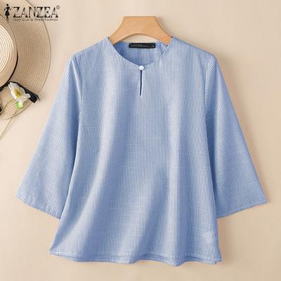 Women Casual Round Neck Loose 3/4 Sleeve Stripe Blouse