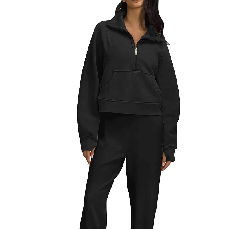 Damen-Sweatshirt aus dünnem Samt, mit Tasche, warmem Stehkragen