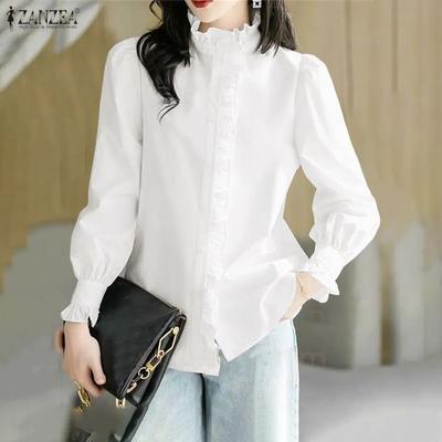 Women Casual Stand Collar Solid Color Long Sleeve Blouse