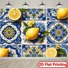 2D Mediterranean Lemon Backdrop, Blue Talavera Tiles with Lemons Photo Background
