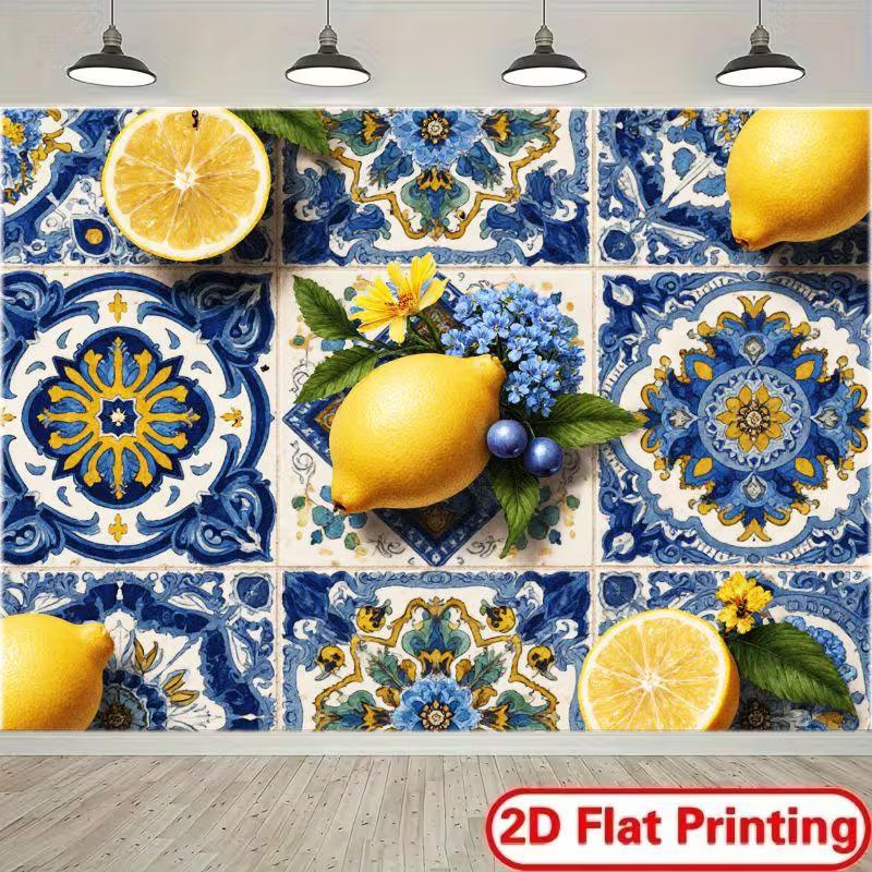 

2D Mediterranean Lemon Backdrop, Blue Talavera Tiles with Lemons Photo Background 47.2x31.5inch/120*80cm