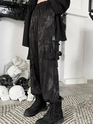 AltGoth rétro centre commercial Goth Harajuku pantalon femmes Dargon imprimé taille haute pantalon droit ample rue Grunge pantalon Cargo foncé