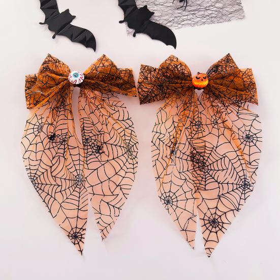 Women Hair Clip Halloween Spider Web Bow Clip, Pumpkin Eyeball Tulle Spring Accessory with Long Tails, Accessories for Holiday Party Themed Clips
