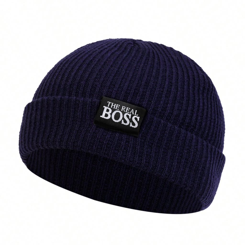 Unisex The Real Boss Label Decoration Hip Hop Melon Skin Hat Winter Cycling Warm Caps Knitted Hats Spring Autumn Outdoor Sport Travel for Women Men