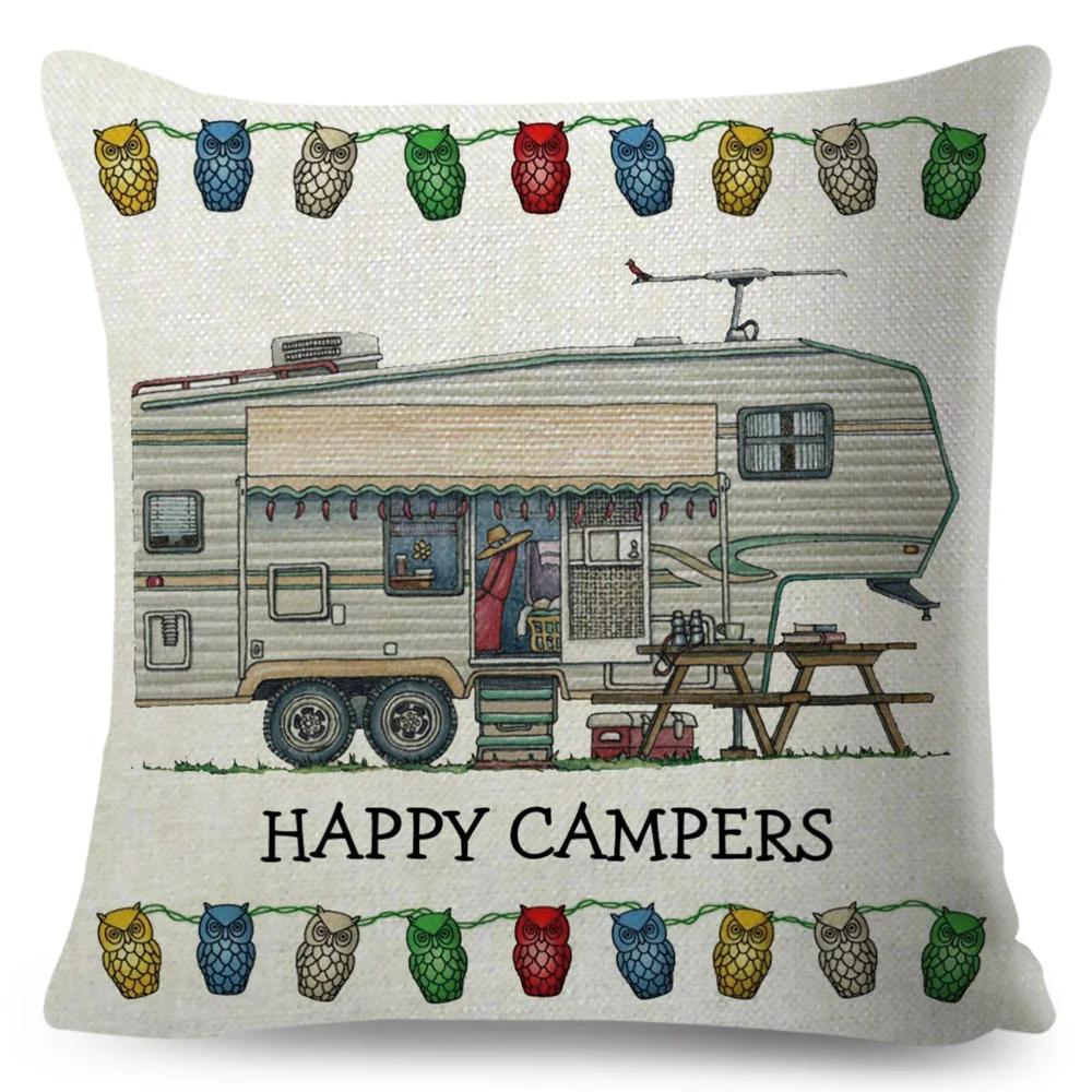 Happy Camper Pillowcase Decor Cartoon Travel Car Printed Pillow Case for Home Sofa Children Room Polyester Cushion Cover 45x45cm