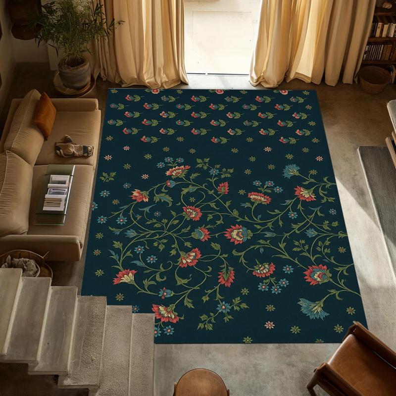 

Bold Black Teal Floral Area Rug Non Slip Washable Floor Carpet with Vibrant Botanical and Paisley Motifs for Living Room Bedroom 40X60CM