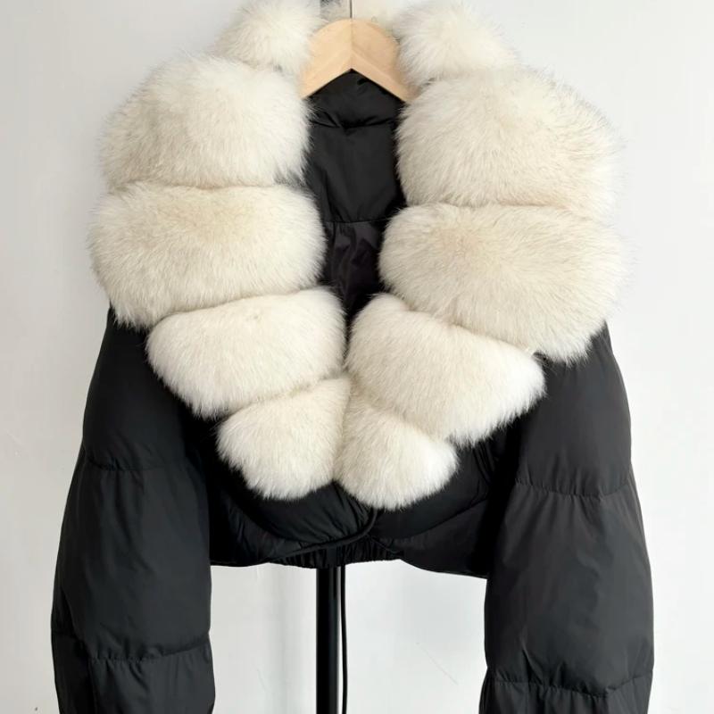 Lagabogy Winter Real Fox Fur Collar Short Parkas Women Thick White Duck Down Cropped Jacket Streetwear Female Puffer Coats