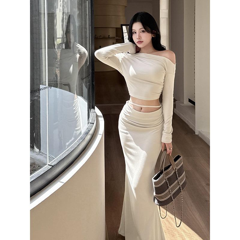 Ilya Slanted Shoulder Waist Long-sleeved Suit Skirt Women, Autumn French Design Skirt Suit