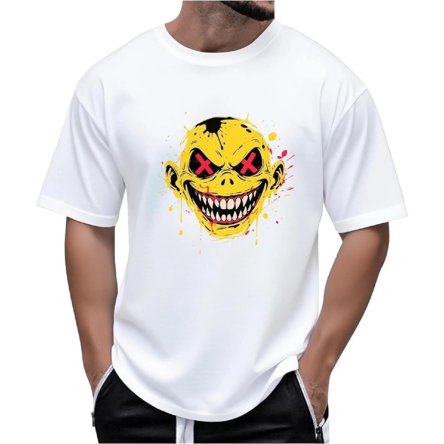 Mens Novelty Halloween T-Shirts - Funny Spoof Horror Face Graffiti Casual Short Sleeve Loose Crewneck Graphic Tee Tops S