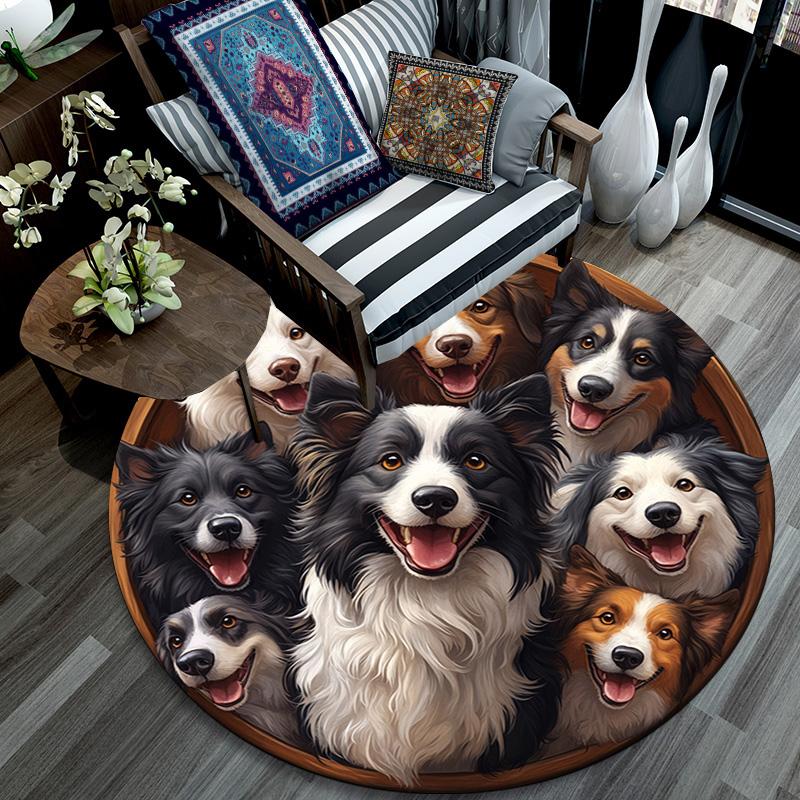 Border Collies Runder Teppich, Teppich für Wohnzimmer Schlafzimmer Sofa Spielzimmer Dekor, Rutschfeste Bodenmatte