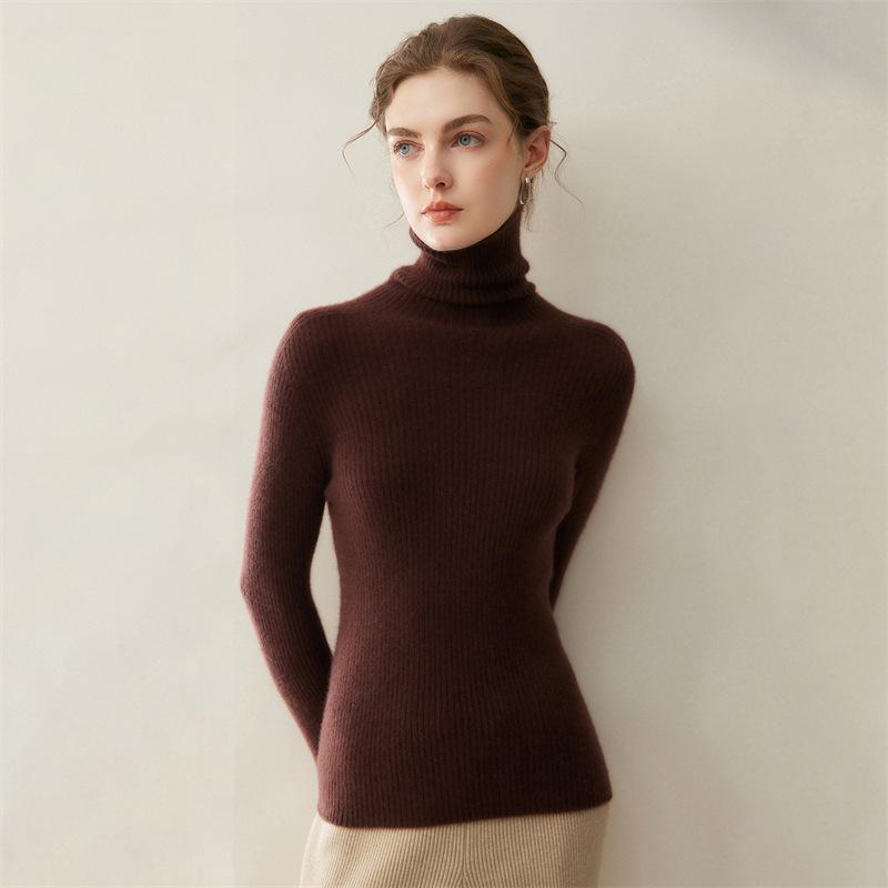Women's Ribbed Slim Fit Cashmere Sweater - High-Neck, Versatile, 2026 Autumn/Winter Collection