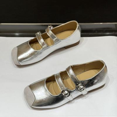 Korean Version Flat Bottom One Word with Ballet Single Shoes Women's 2025 New Summer Retro Square Head Mary Jane Small Leather Shoes