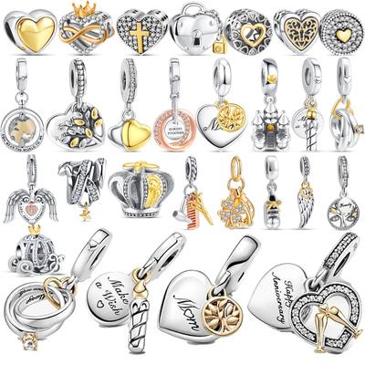 S925 Silver Golden Heart Lock Birthday Candle Crown Family Pendant DIY Beads Fit Original  Charms Bracelet Women Jewelry
