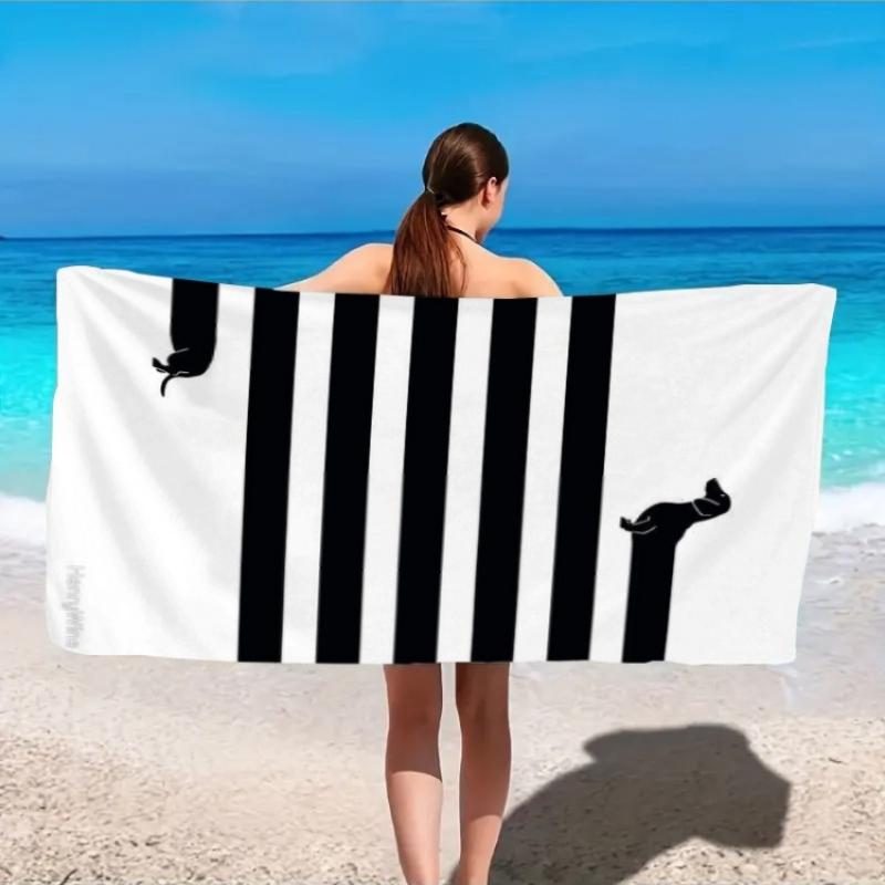 Quick-Dry Windproof Beach Towel - Large Rectangular Microfiber with Black & White Striped Cat & Paw Print Design, Sand-Resistant W30*H60(CM)