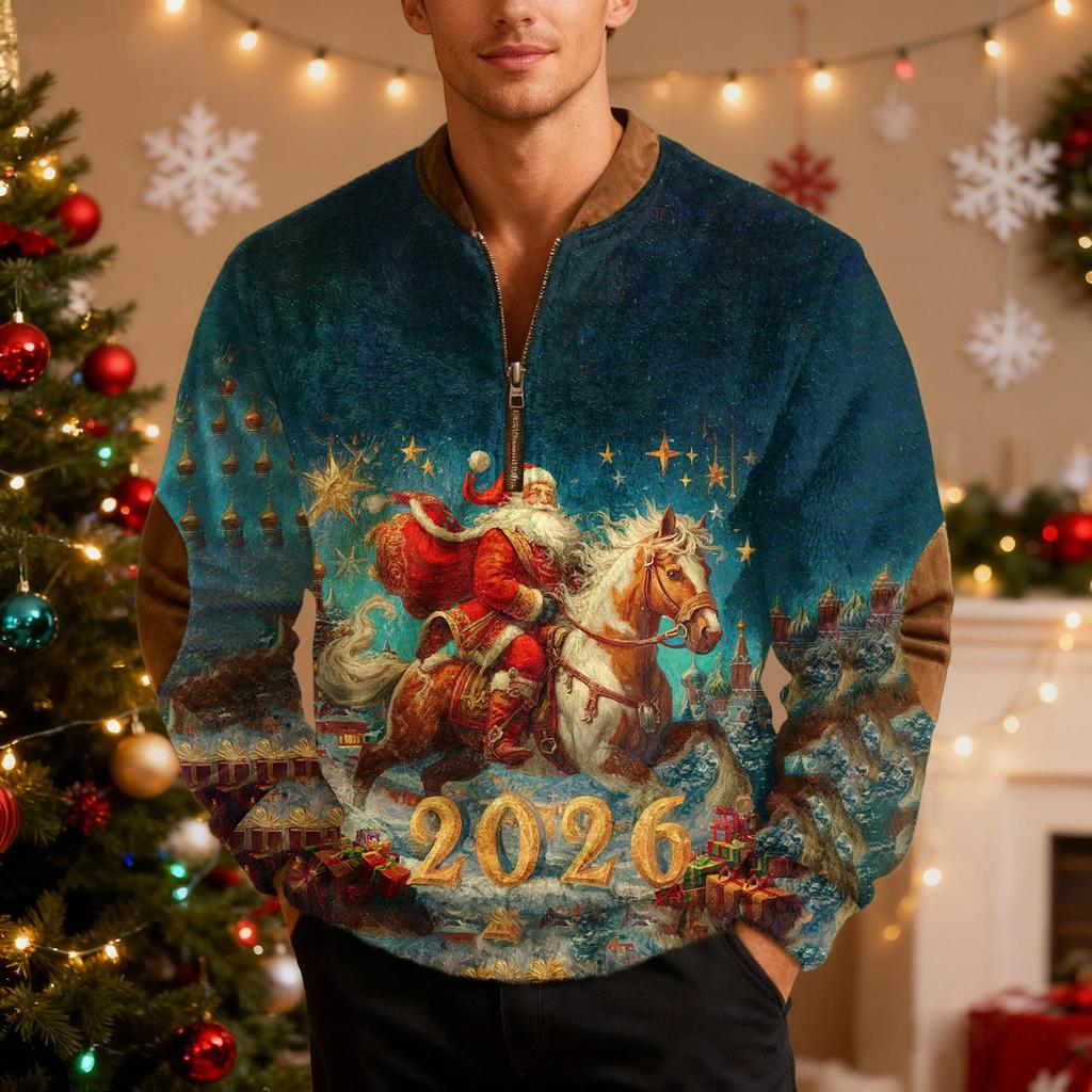 Mens Christmas Sweater Zip Up Sweatshirts Vintage Knit Graphic Sweatshirt Xmas Stand Collar Pullover