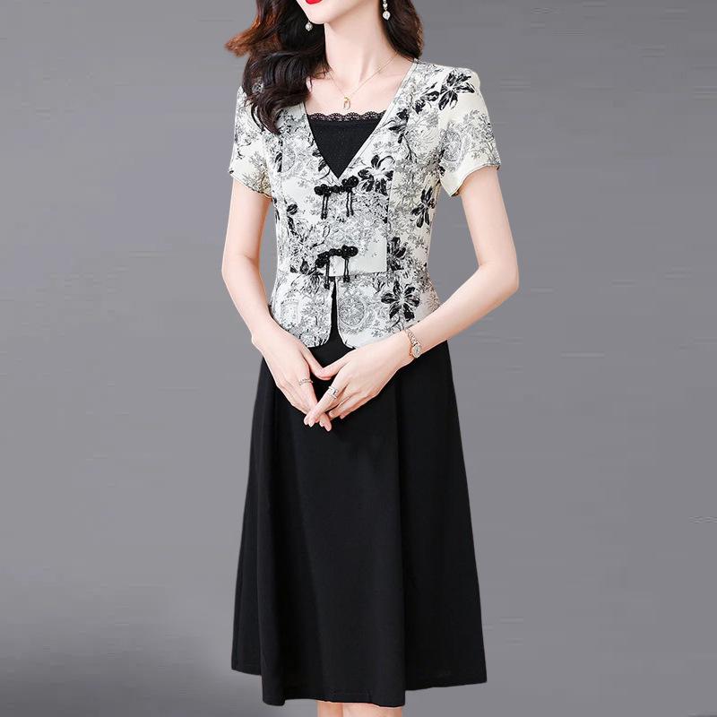 Mom's Elegant Patchwork Two-Piece Mid-Length Dress