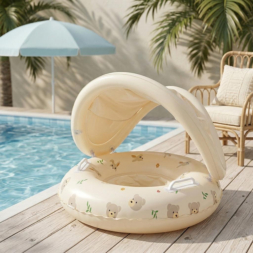 Inflatable Baby Swim Ring with Canopy Thickened Water Float Seat for Toddlers Adjustable Sunshade Pool Float Ring