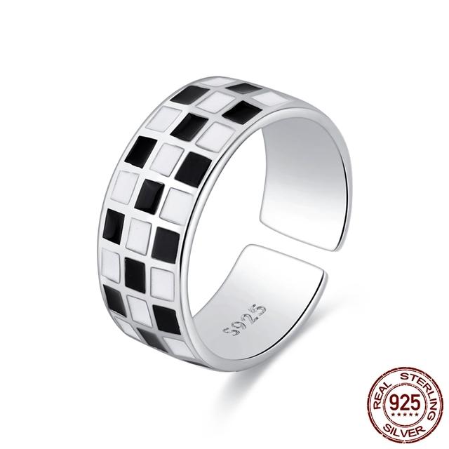 New Trend Cool Black White Grid Band Ring For Women Original 925 Silver Rings Brand Jewelry Gift