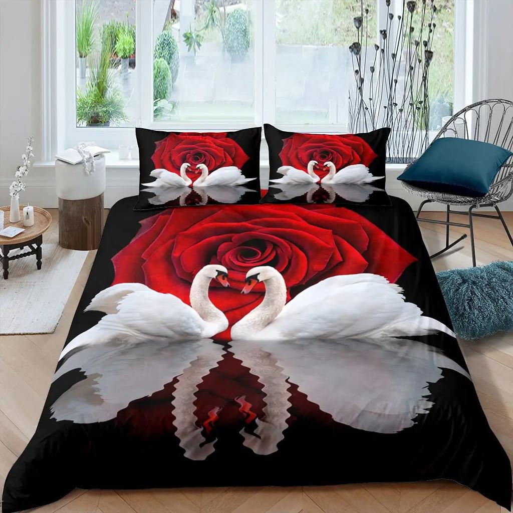 Valentine's Day Rose Duvet Cover Set Romantic Couple Theme Bedding Set 3D Rose Comforter Cover Set Love Bedspread Twin King Size
