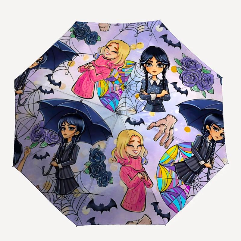 

1pc Wednesday Addams Automatic Folding Umbrella - Compact 8-Rib Design, Durable Plastic & Iron, 018