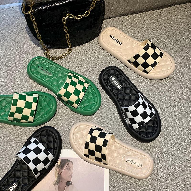 Sandals Bedroom Bathroom Shoes for Women Plaid Woman Slippers Flat Slides Summer Footwear Waterproof Stylish Casual Small Size