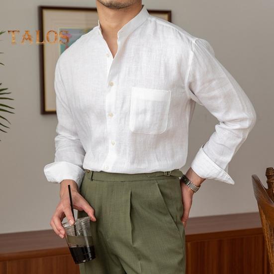 Spring Fall Men Shirt Stand Collar Single-breasted Long Sleeves Buttons Solid Color Cardigan Formal Business Style Office Top