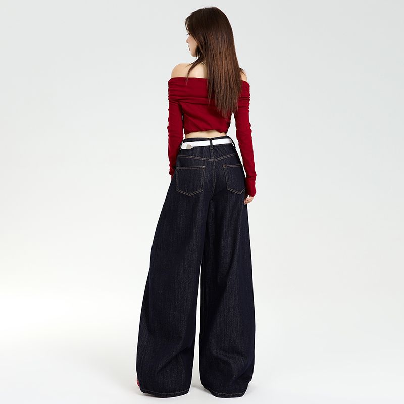 Early Spring Dark Blue Hong Kong Style Relaxed Wide Leg Denim Pants Blue For Women Casual Pants Oversize Denim Trousers