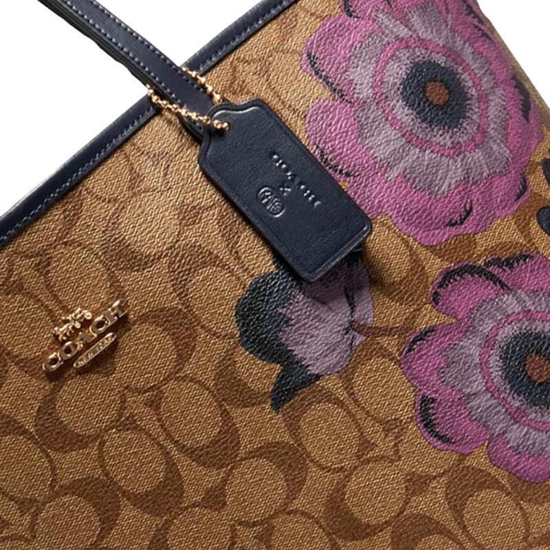 New COACH City Canvas With Leather Tote Bag, Shopping Bag, Handbag, Shoulder Bag Women's Brown Purple 5697-IMROI