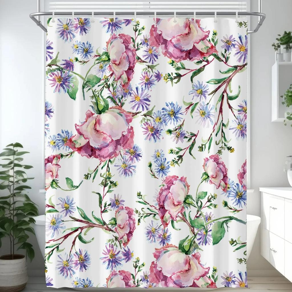 Rideau de Douche Fleur Aquarelle, Fleur de Prunier Vintage Plante Tropicale Feuille Verte Élégance Oiseau, Ensemble Décoration Salle de Bain Avec Crochets