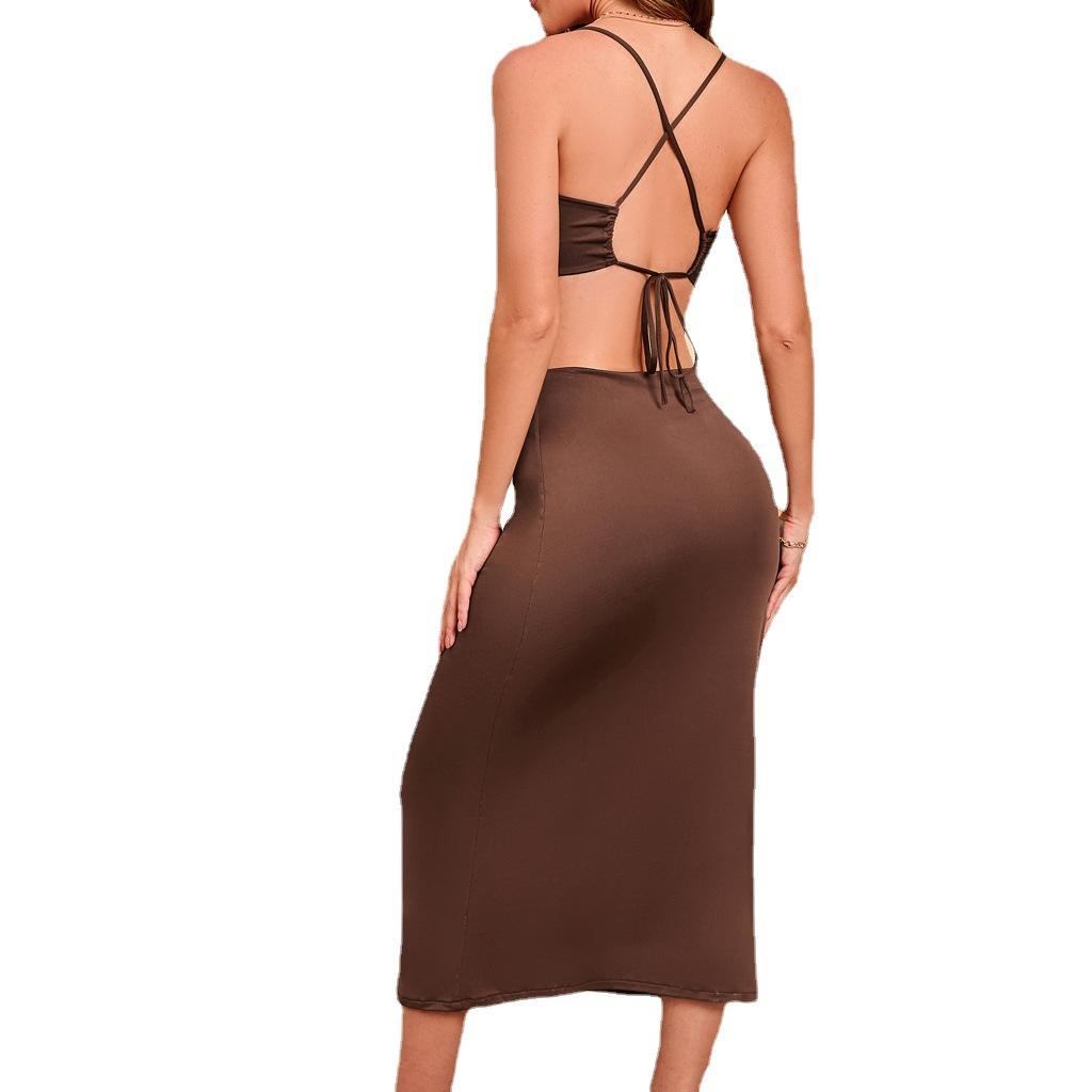 Sommer-Kleid für Damen, sexy, rückenfrei, Ausschnitt, Plissee, Hüfte, Schnürung, Neckholder, offene Taille, S-XL