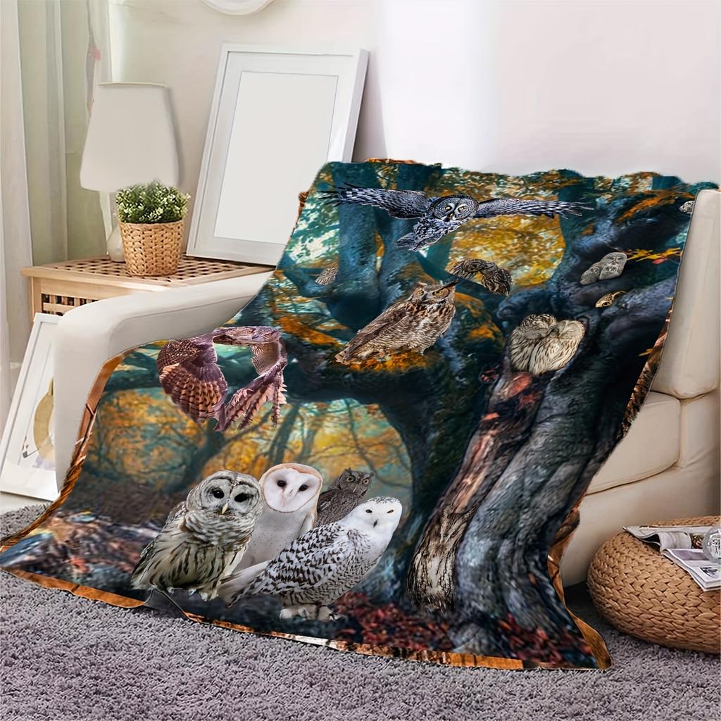 1pc Vintage Owl Pattern Flannel Blanket - Soft Warm for Couch, Sofa, Office, Bed, Camping, Travel