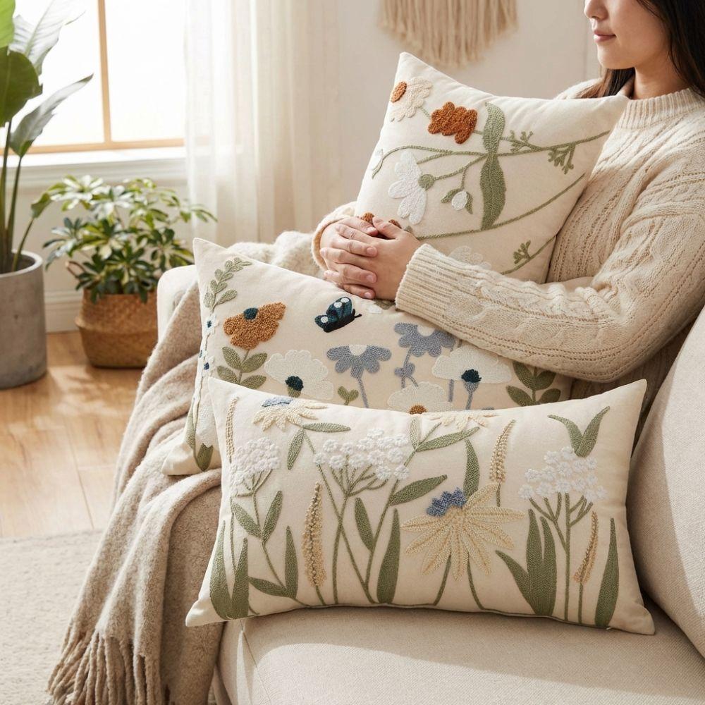 Square Tufted Throw Pillow Cover Pastoral Floral Throw Pillowcase Decorative Pillow Case  Couch