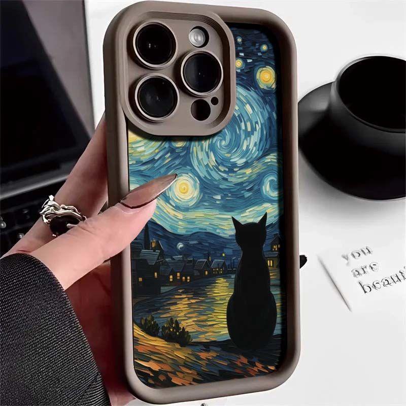 Starry Sky Black Cat Back iPhone17Promax Mobile Phone Case Ladder Suitable for Apple 16promax All-inclusive Tianyan