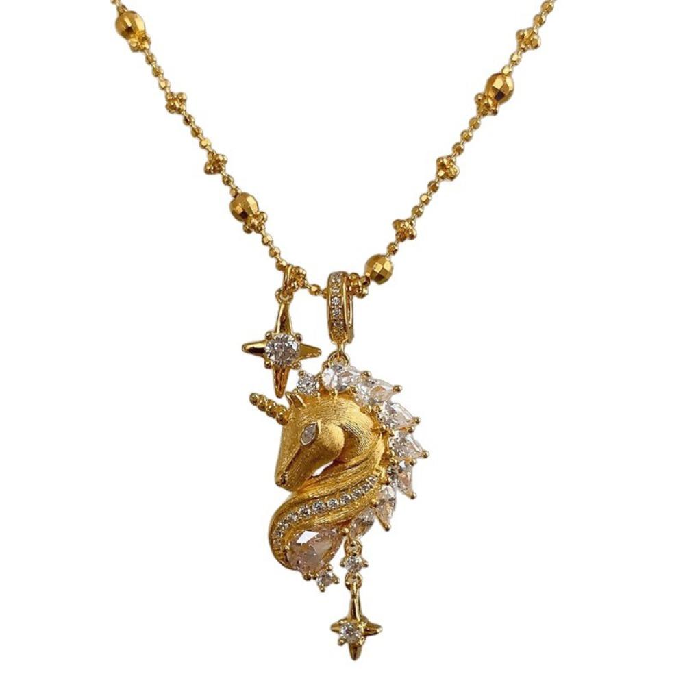 

Luxury Golden Unicorn Pendant Necklace - Sparkling Zircon Horse & Star Cross Charm Clavicle Chain - Vintage Elegant Fantasy Jewelry for Women Girls