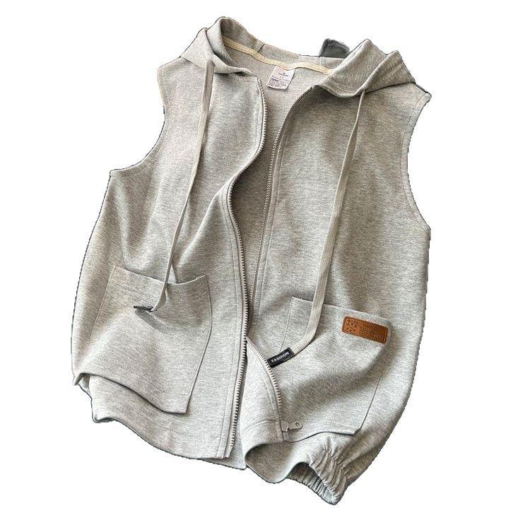 Vest Sweater Women's Hooded Jacket Trendy Loose Casual Sports TopTrendy Zip-up Hooded Vest, Heather Gray Relaxed Fit Layering Vest