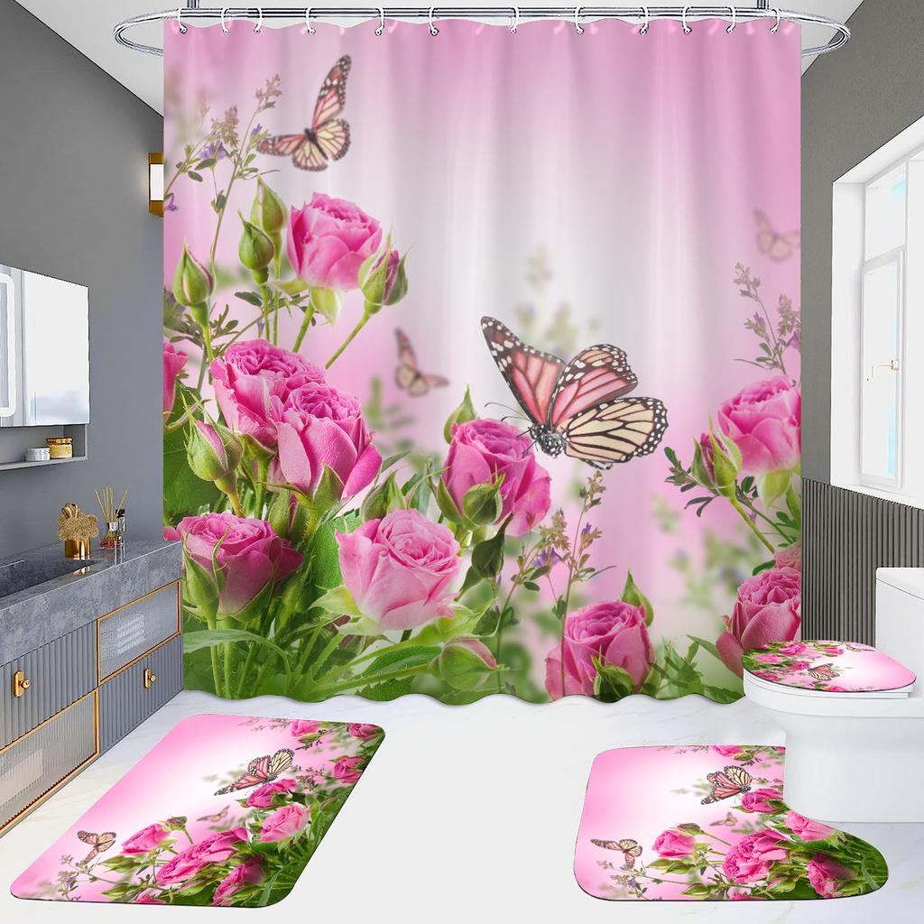 4-Piece Shower Curtain Set with HD Digital Printing | Waterproof, Drill-Free, Ideal for Home/Hotel Bathroom Partition