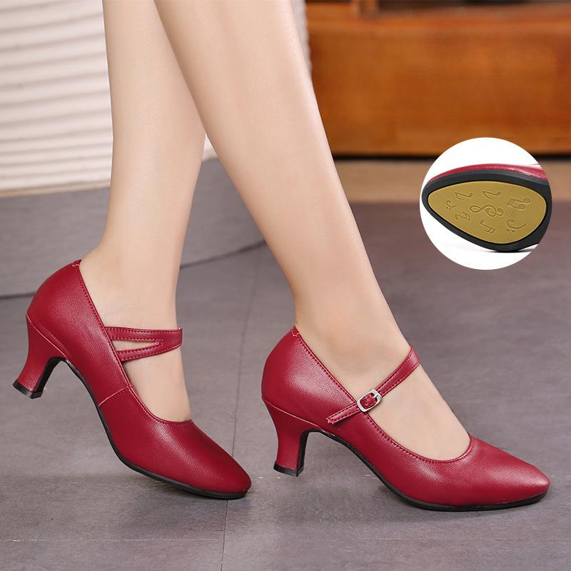 Ladies Sports Wide Full Rubber Sole Latin Dance Shoes Women Adults Mid-high Heels Soft Bottom Square Leather Dance Shoes Red