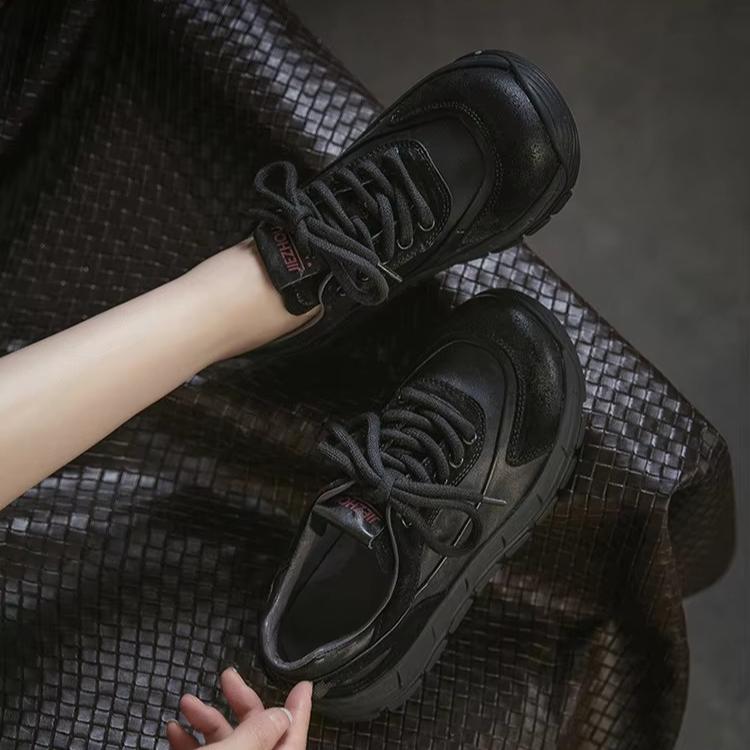 Johnature Genuine Leather Retro Thick Soled Shoes With Lace Up Commuting Versatile Women's Shoes
