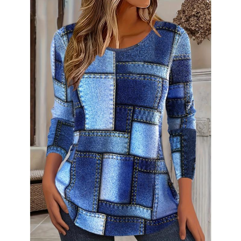 

Бохо футболка большого размера, женская футболка с длинным рукавом и круглым вырезом с принтом пейсли, слегка тянущаяся 5XL